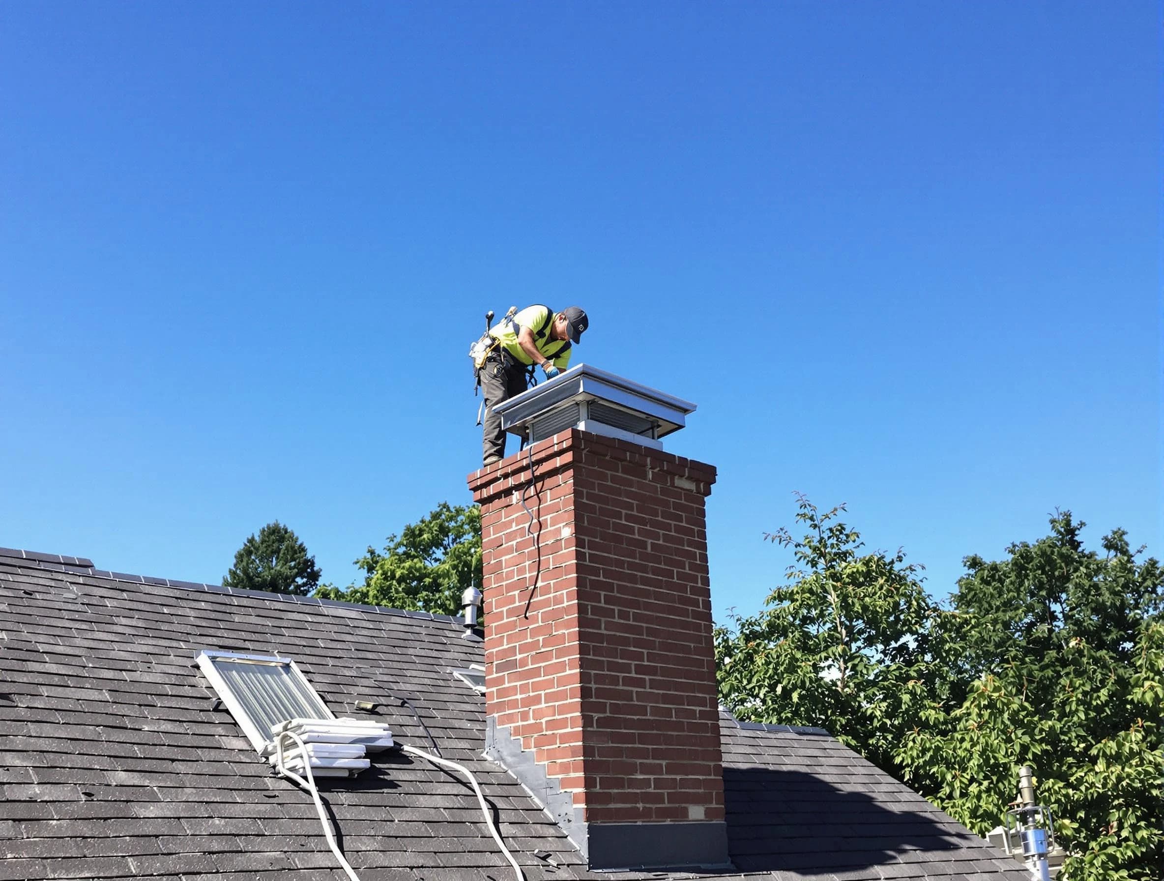 Toms River Chimney Sweep technician measuring a chimney cap in Toms River, NJ